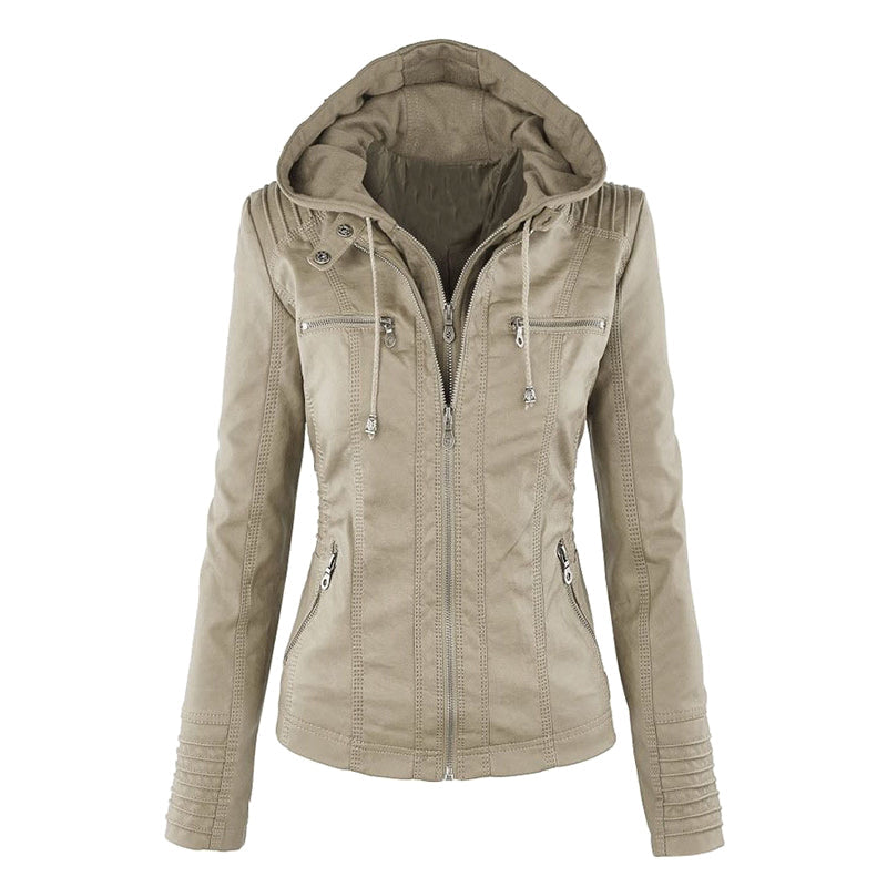 Giacca moto in pelle da donna con cappuccio