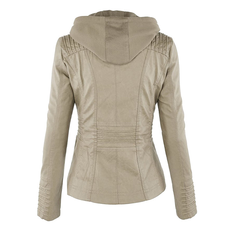 Giacca moto in pelle da donna con cappuccio
