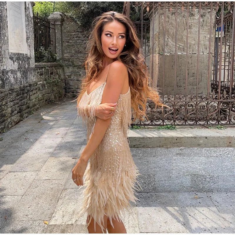 Elsie - Miniabito da donna in piume con spalline sottili