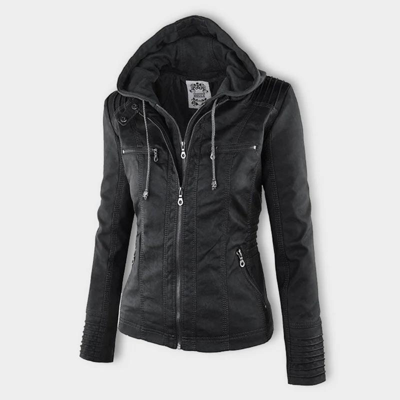 Veste Femme Style Motard à Capuche Amovible