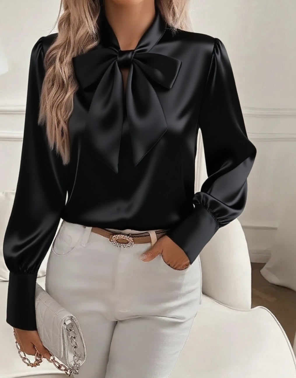 Women's Bow Tie Neck Blouse with Flowy Long Sleeves