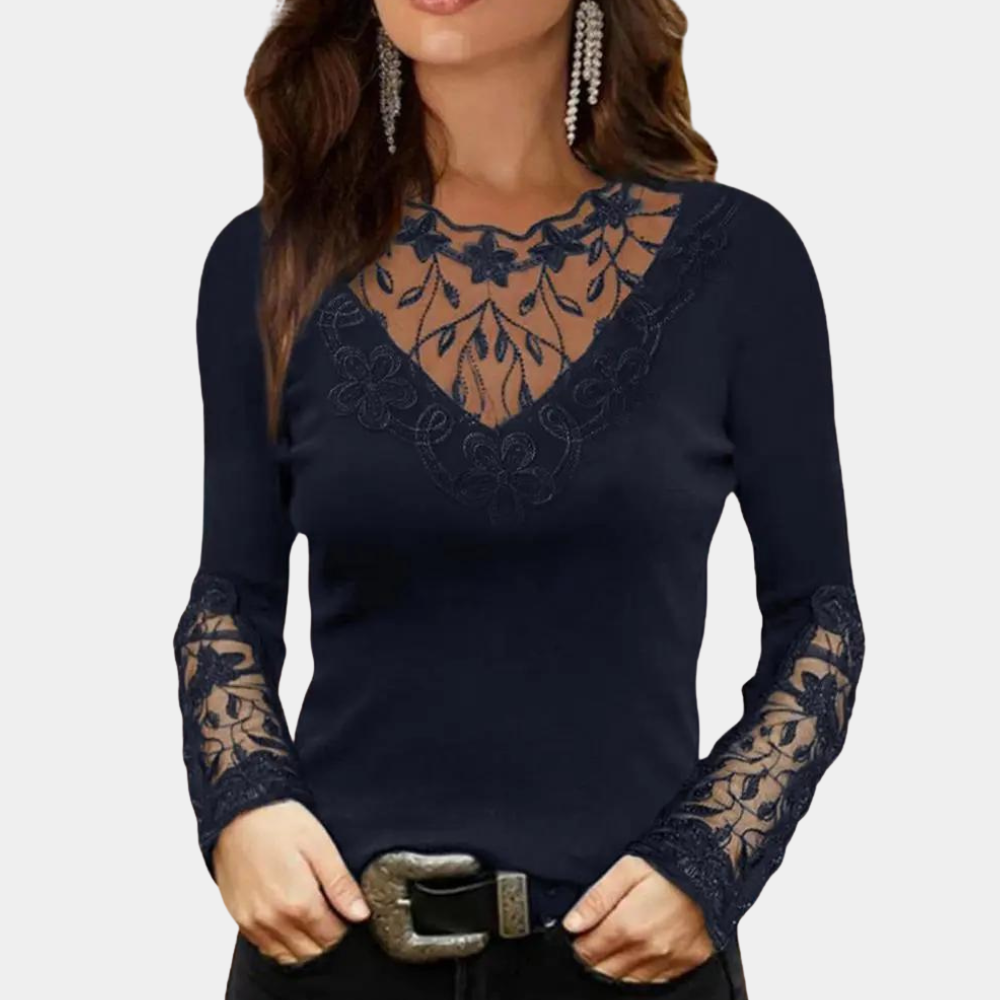 Annie - Women's Lace Yoke Top with Long Sleeves