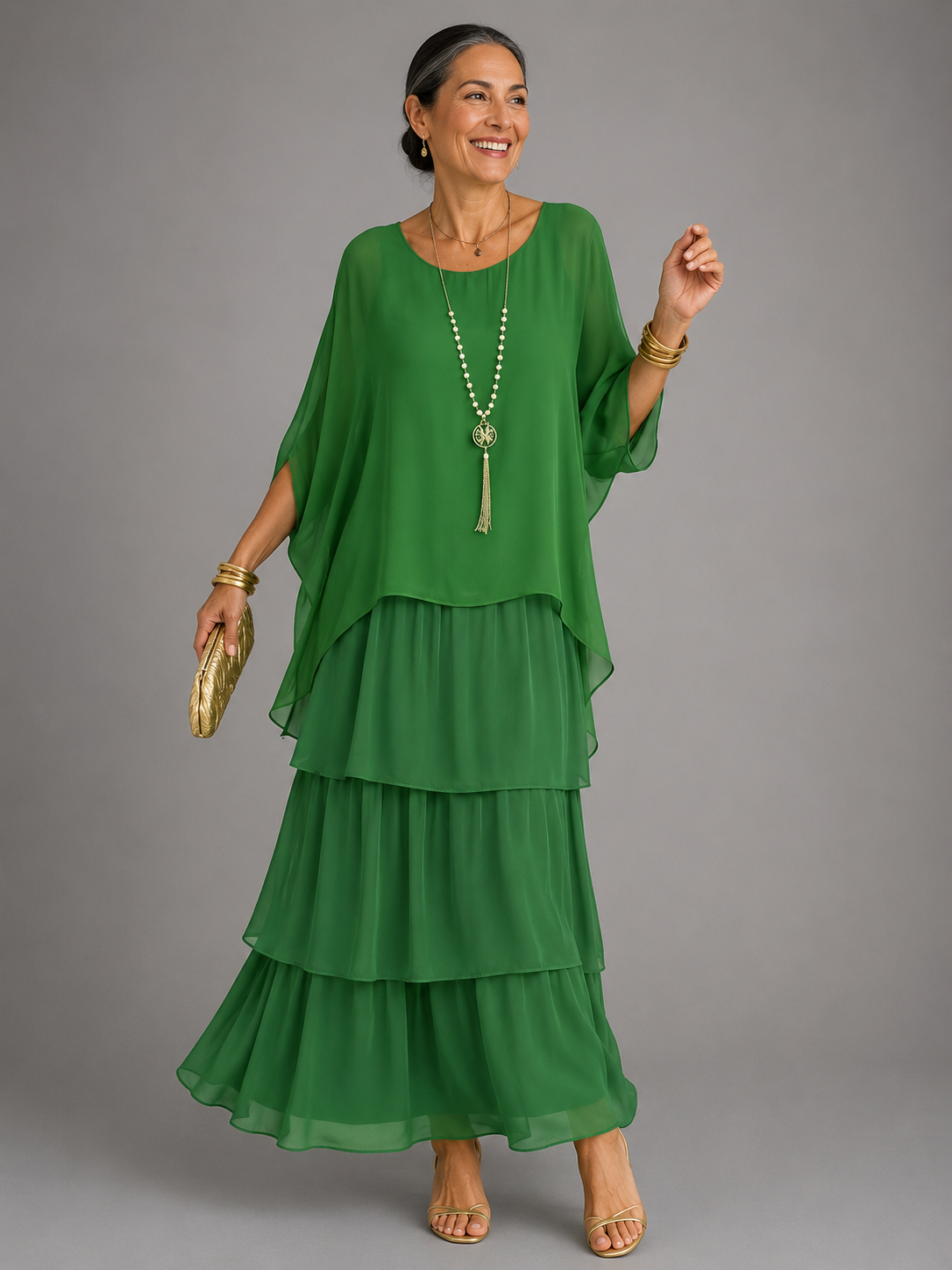 Women's Chiffon Tiered Maxi Dress with Cape Sleeves