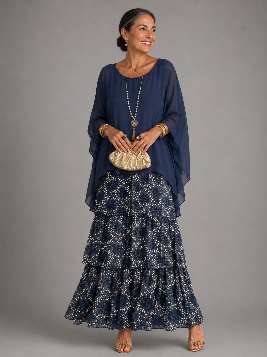 Women's Chiffon Tiered Maxi Dress with Cape Sleeves