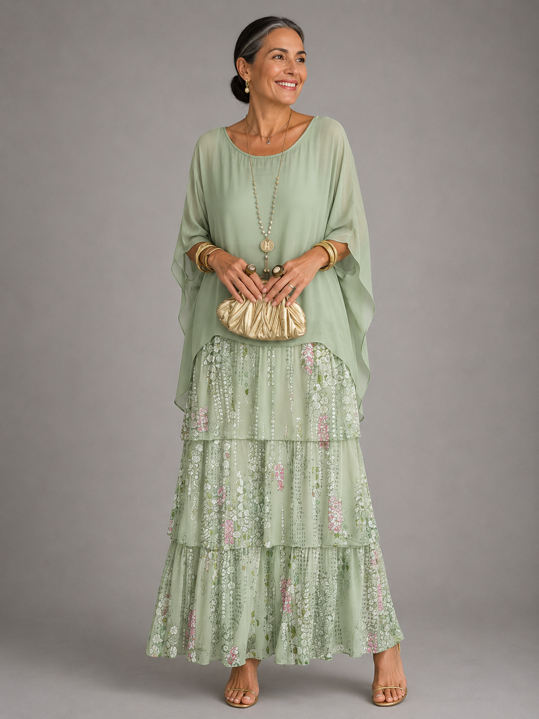 Women's Chiffon Tiered Maxi Dress with Cape Sleeves