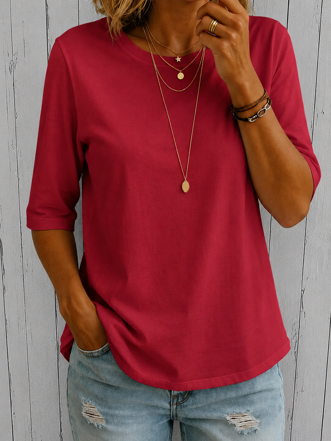 Women's Crew Neck Top with Three-Quarter Sleeves
