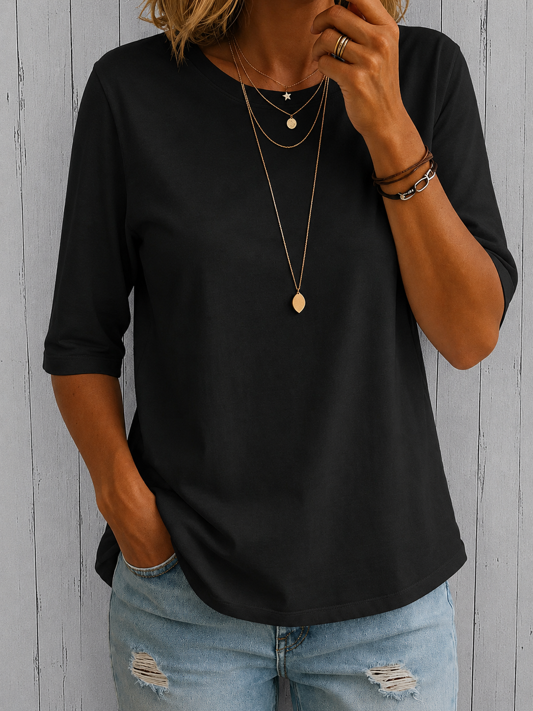 Women's Crew Neck Top with Three-Quarter Sleeves