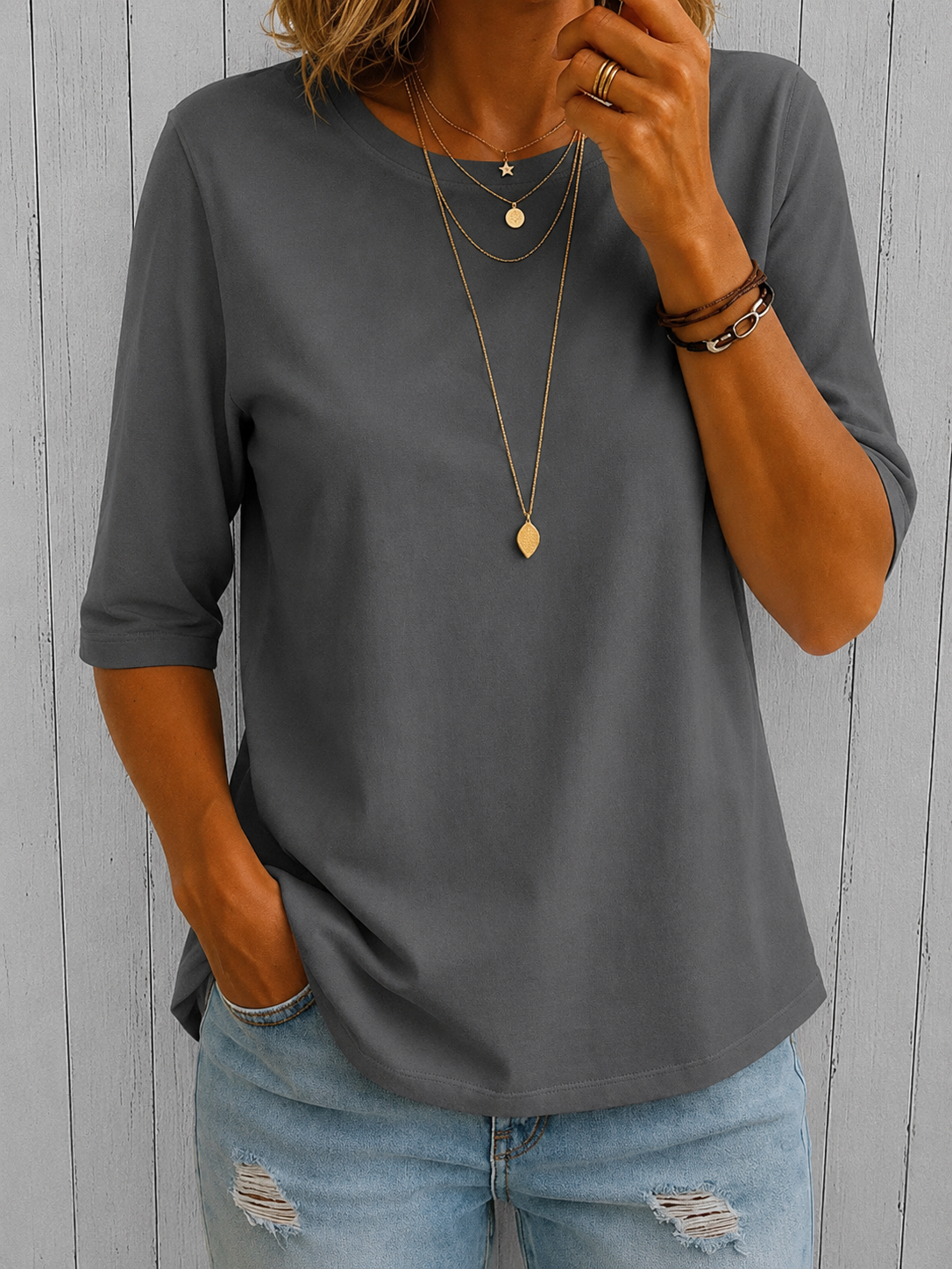 Women's Crew Neck Top with Three-Quarter Sleeves - Grey