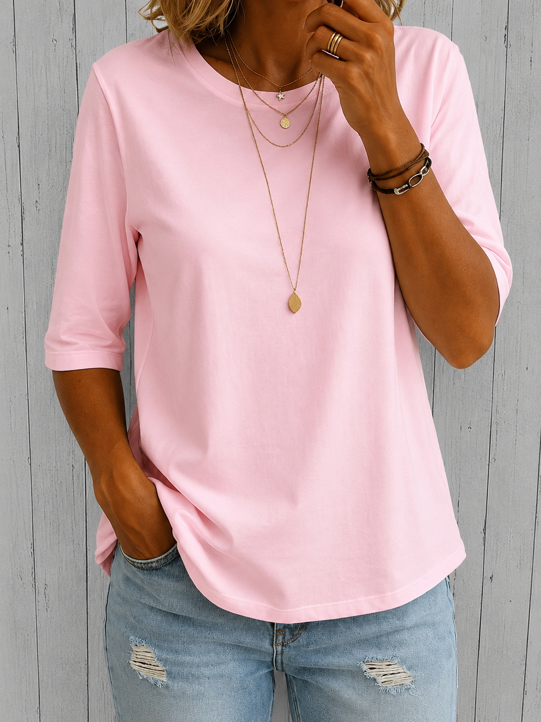 Women's Crew Neck Top with Three-Quarter Sleeves - Pink