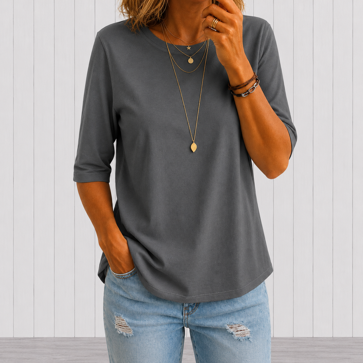 Women's Crew Neck Top with Three-Quarter Sleeves