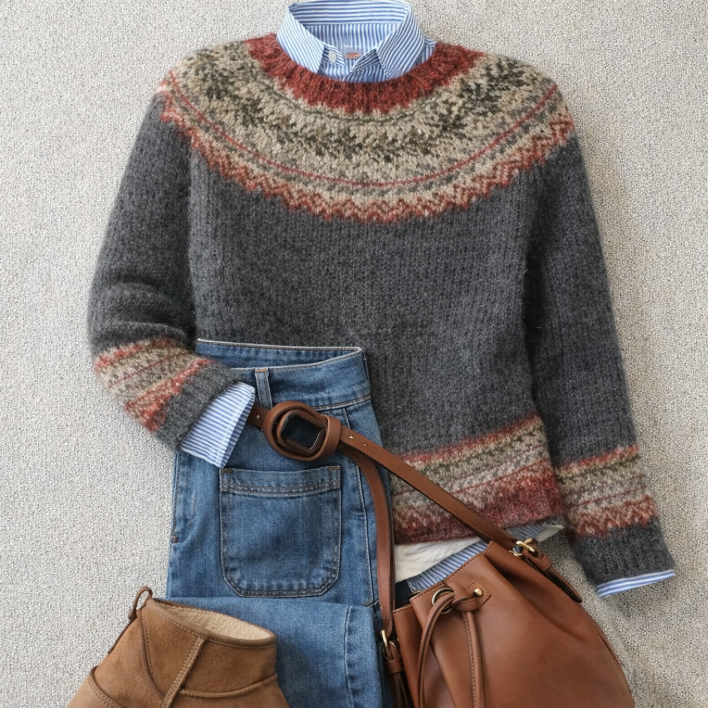 Mirren - Women's Nordic Knit Jumper with Patterned Yoke