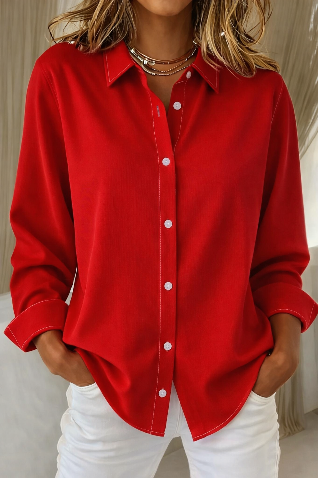 Classic Long Sleeve Button-Up Shirt with Relaxed Fit - photo 3