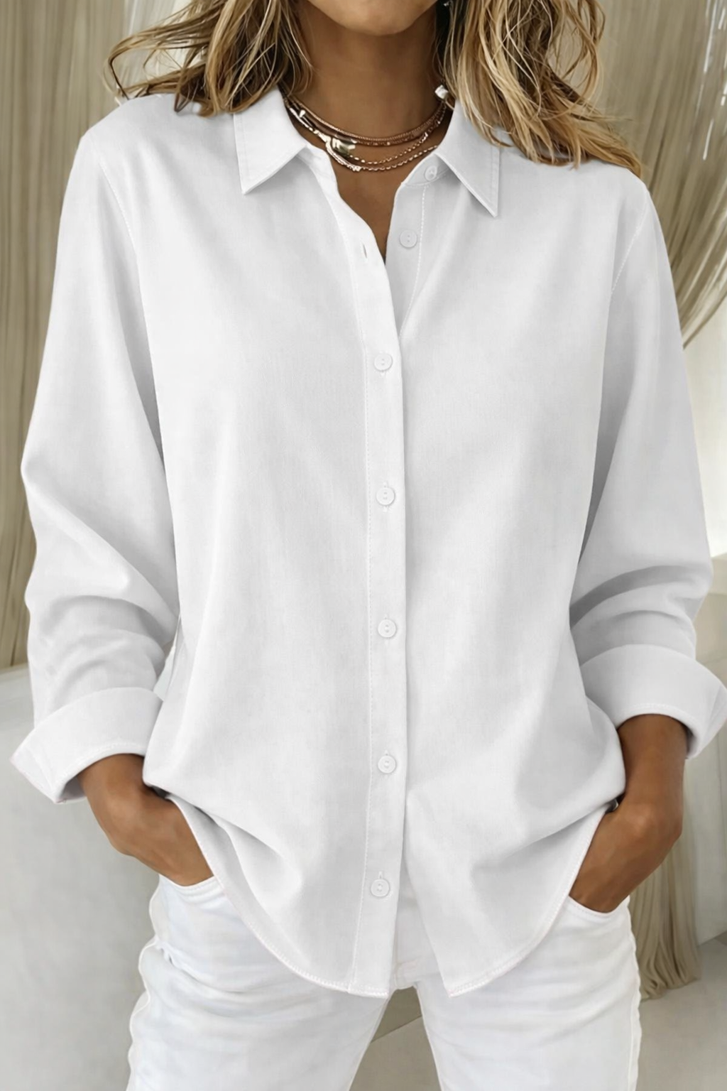 Classic Long Sleeve Button-Up Shirt with Relaxed Fit - photo 5