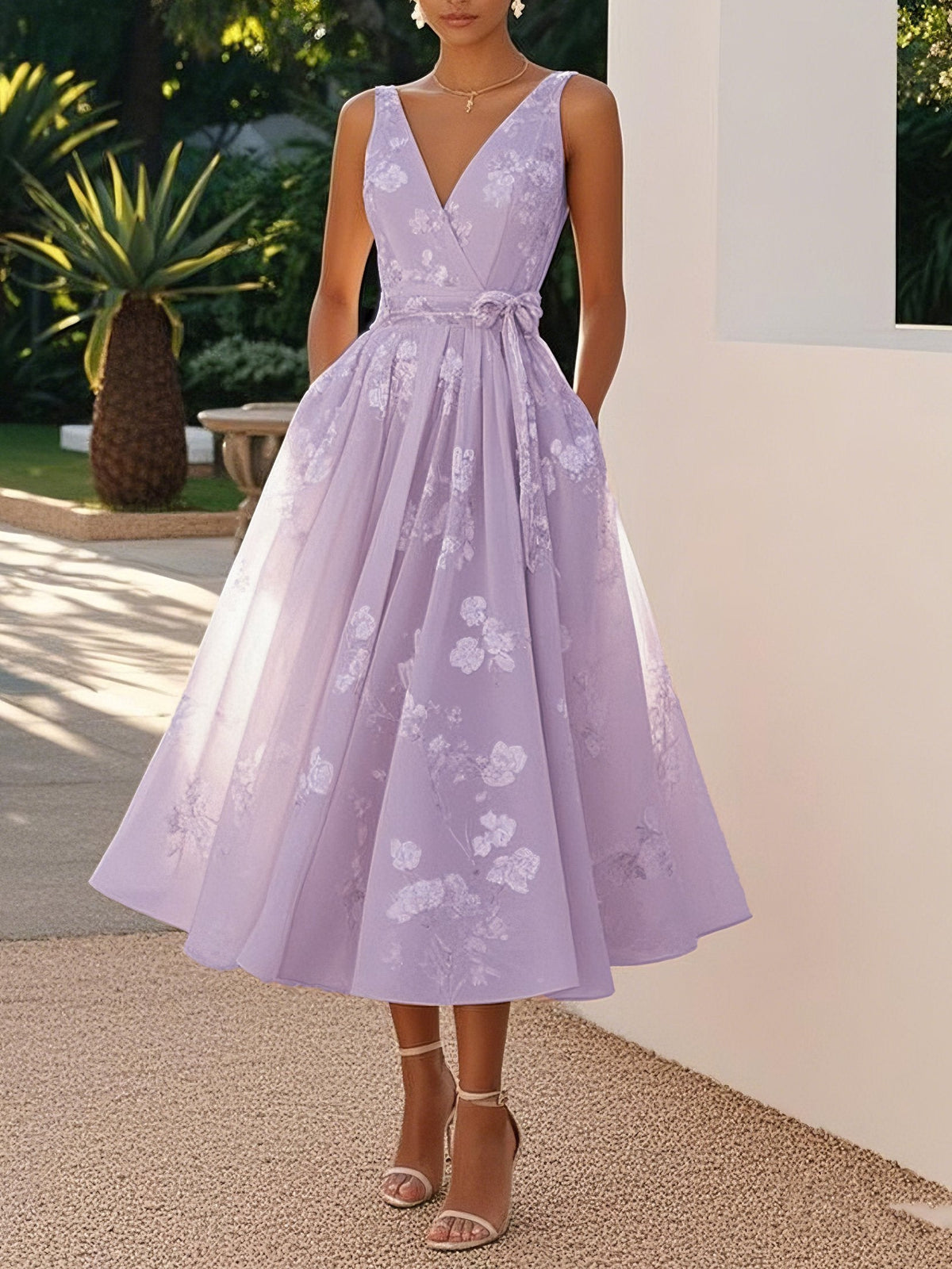 Marika - Women's Floral Midi Dress with Waist Bow