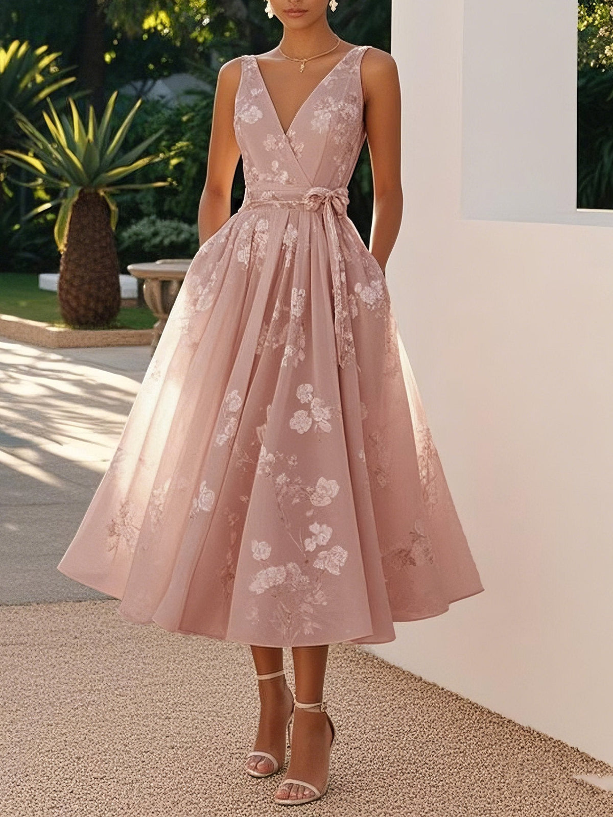 Marika - Women's Floral Midi Dress with Waist Bow