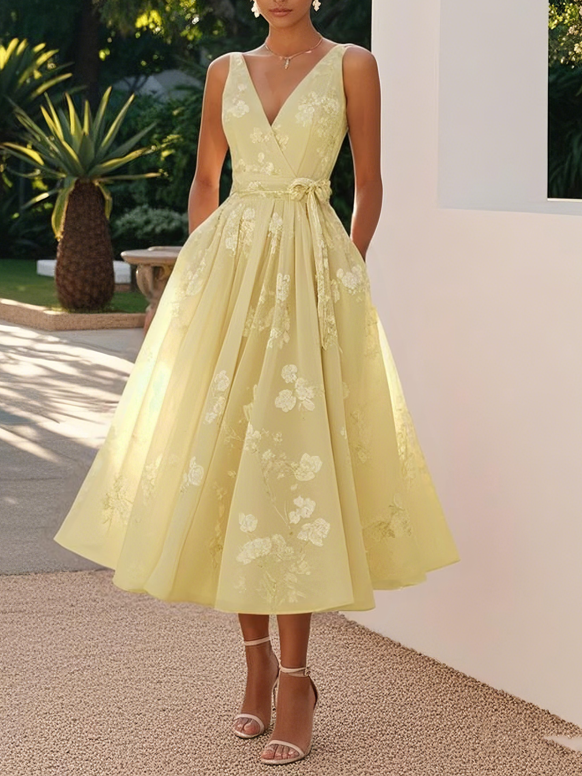 Marika - Women's Floral Midi Dress with Waist Bow