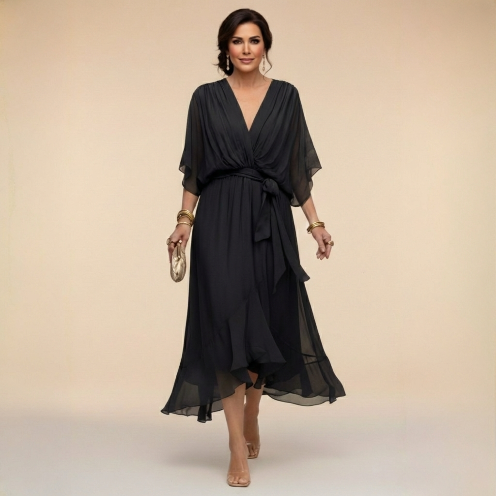 Donna - Women's Chiffon Wedding Guest Midi Dress with Tie Waist - photo 2