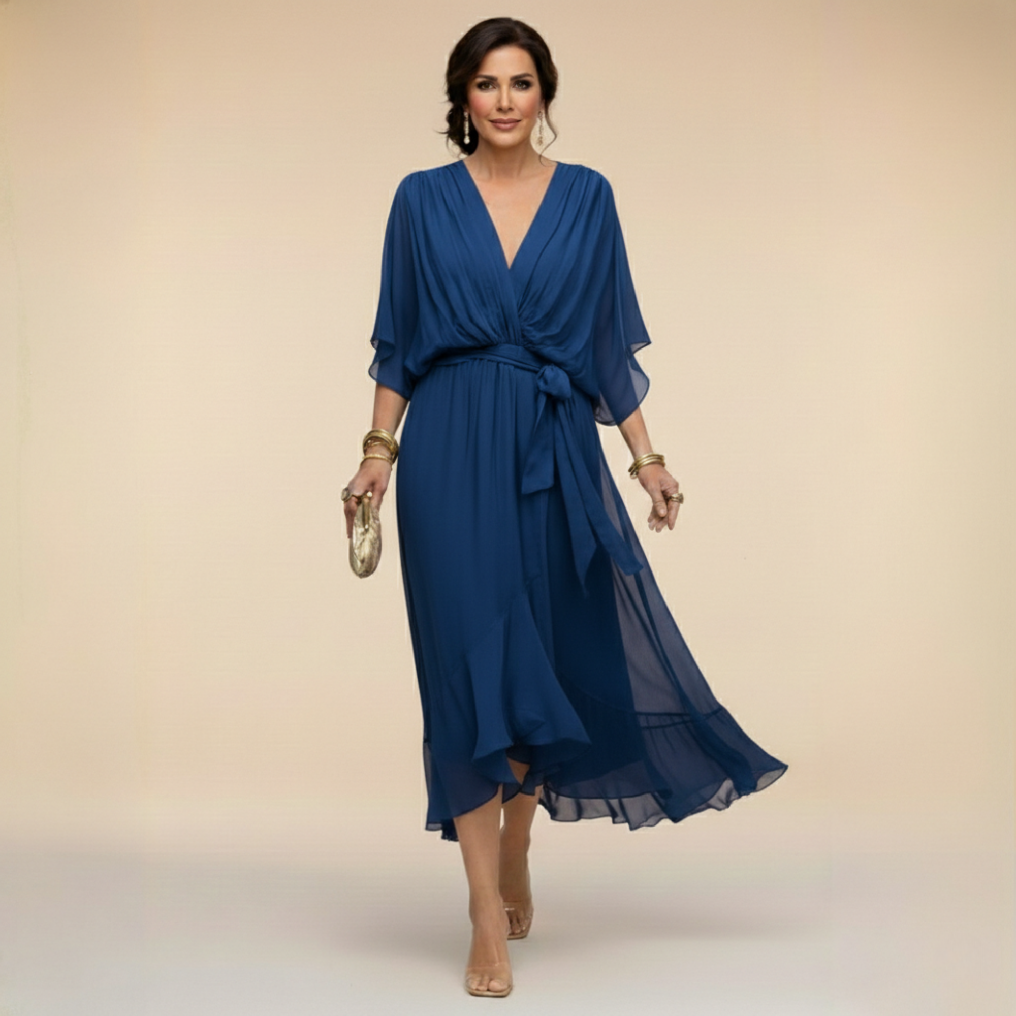 Donna - Abito midi da cerimonia in chiffon da donna con cintura annodata