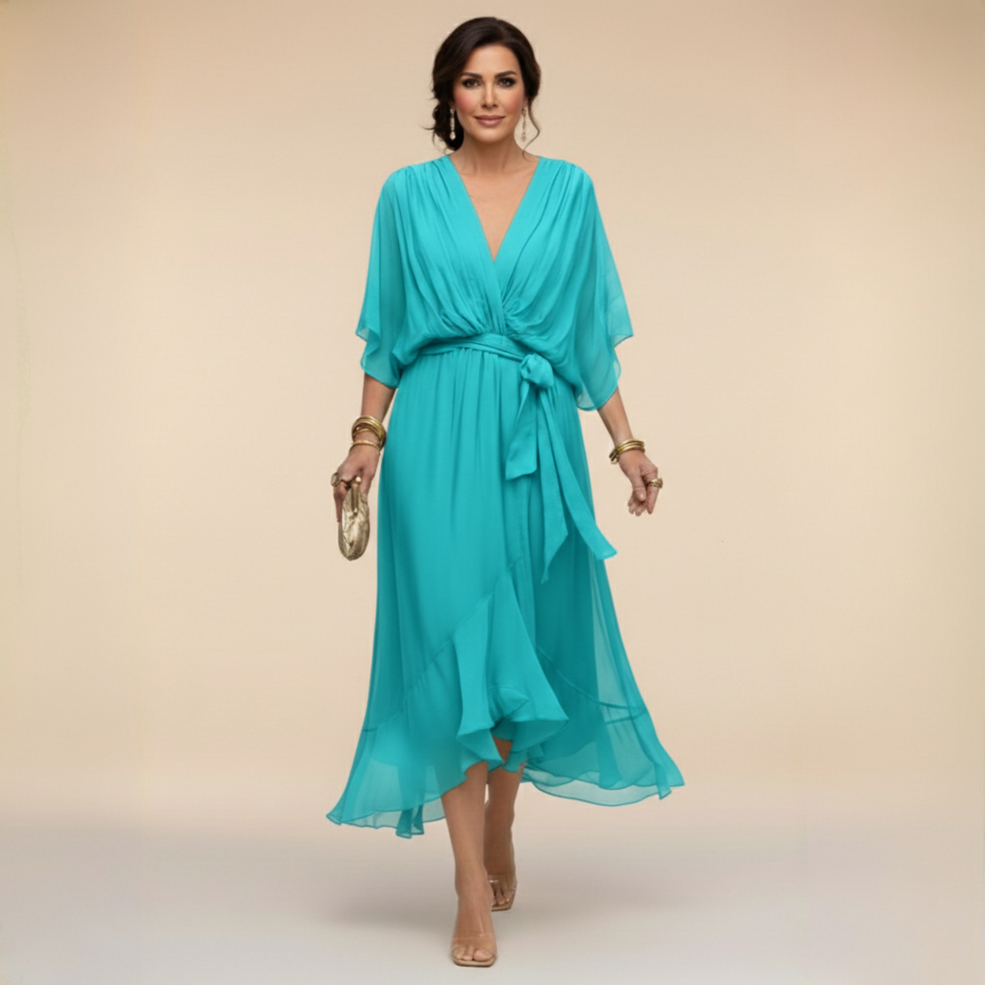 Donna - Abito midi da cerimonia in chiffon da donna con cintura annodata