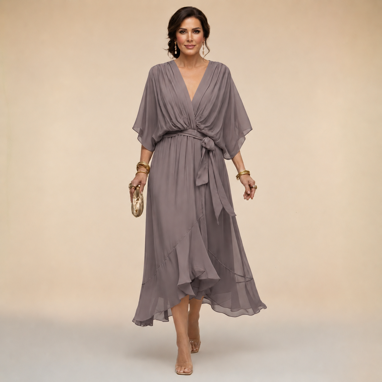 Donna - Abito midi da cerimonia in chiffon da donna con cintura annodata