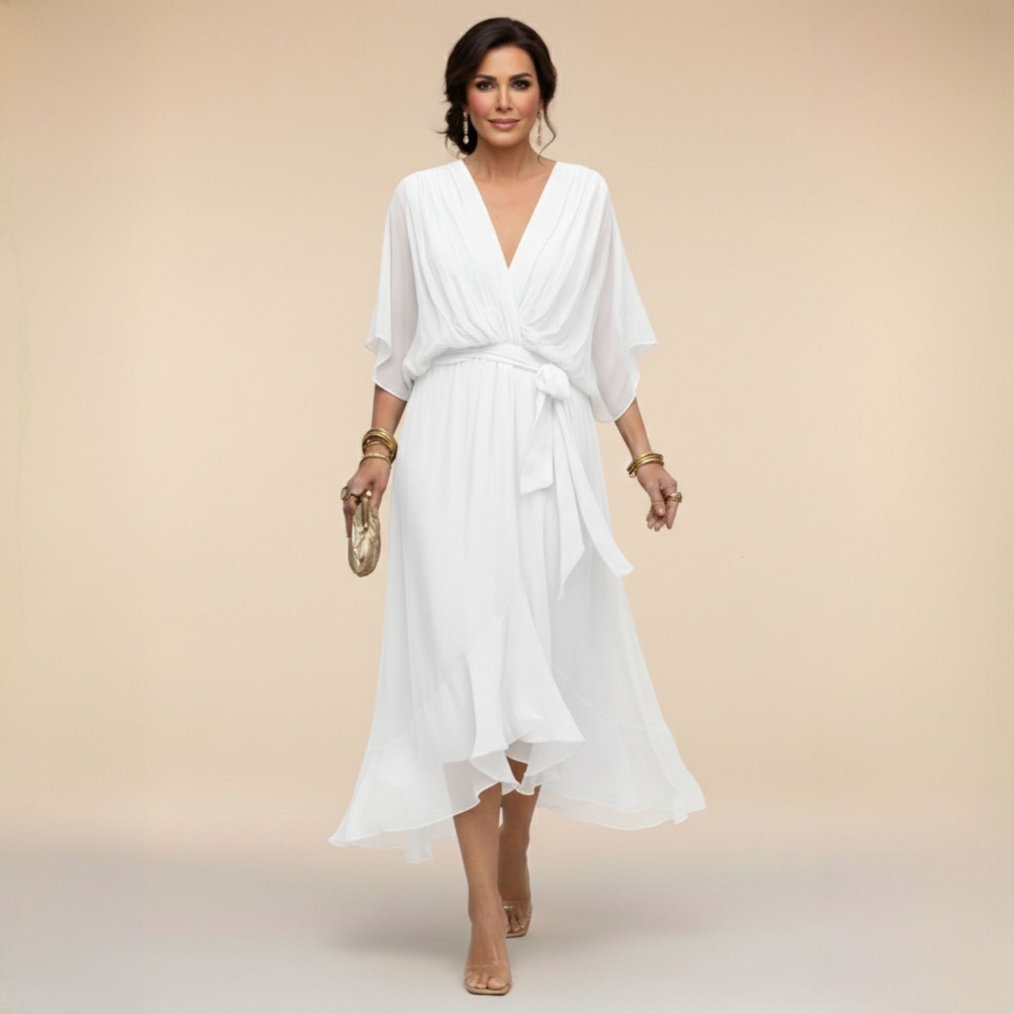 Donna - Abito midi da cerimonia in chiffon da donna con cintura annodata