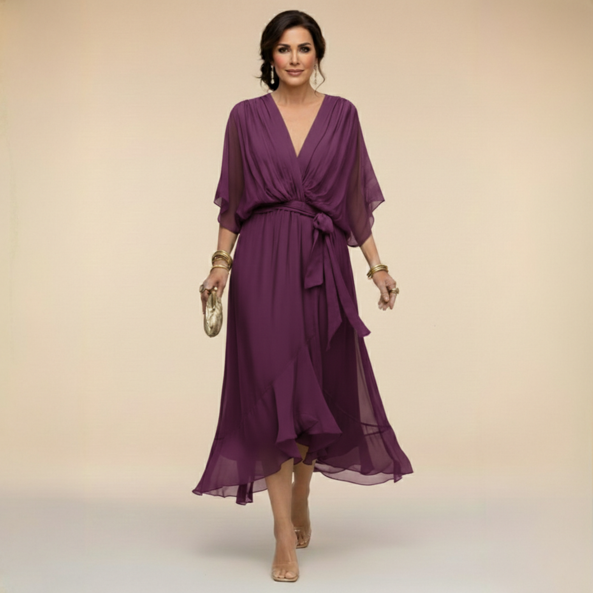 Donna - Abito midi da cerimonia in chiffon da donna con cintura annodata