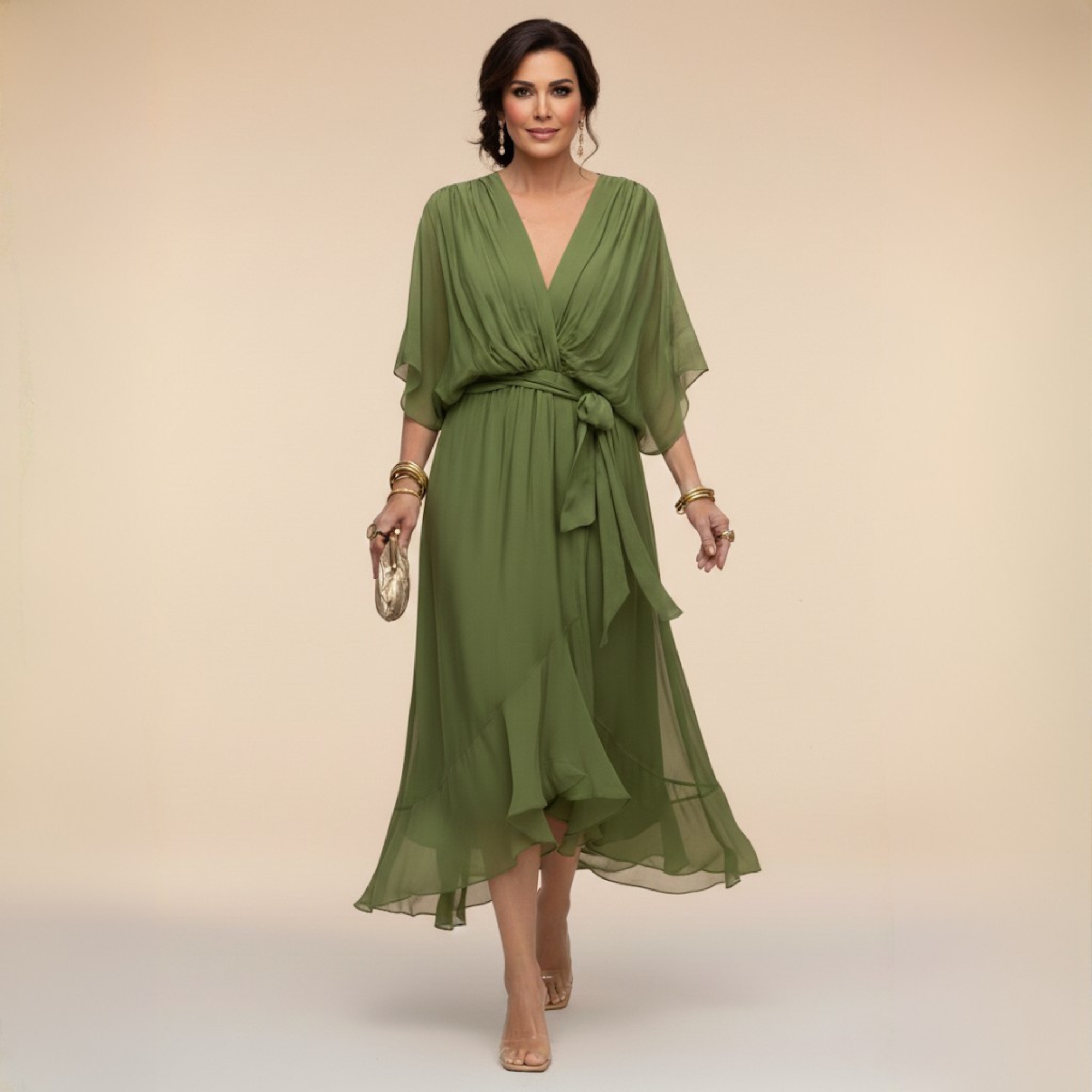 Donna - Women's Chiffon Wedding Guest Midi Dress with Tie Waist - photo 1