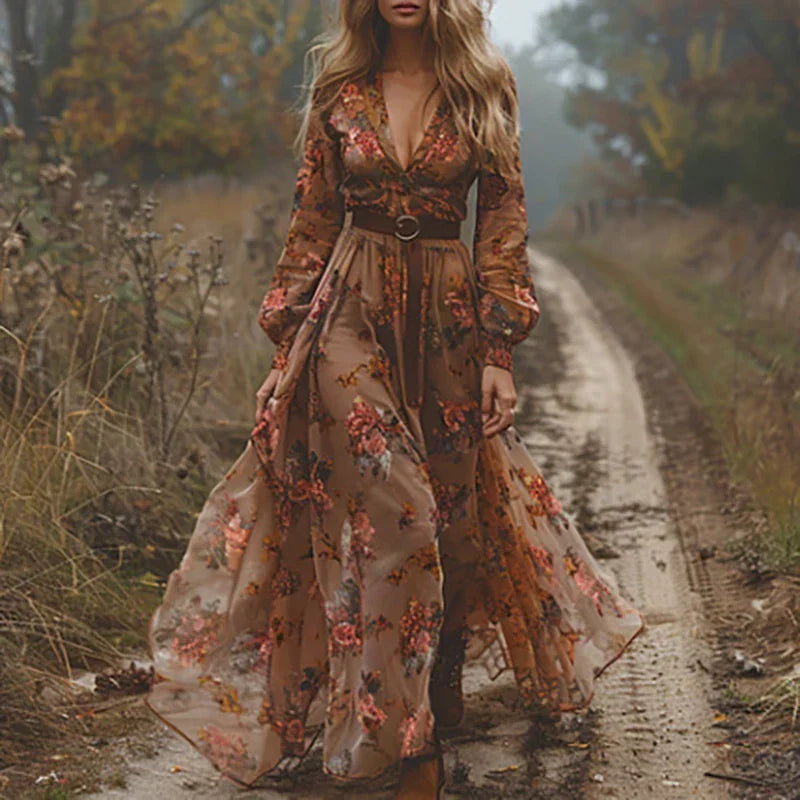 Rochie maxi boho de damă cu broderie și mâneci lungi