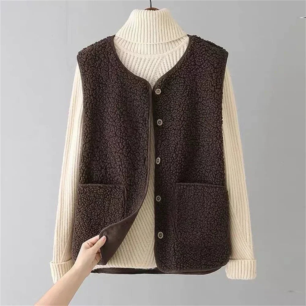 Women's Teddy Gilet with Button Placket and Side Pockets - Brown