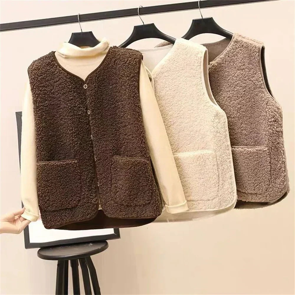 Women's Teddy Gilet with Button Placket and Side Pockets