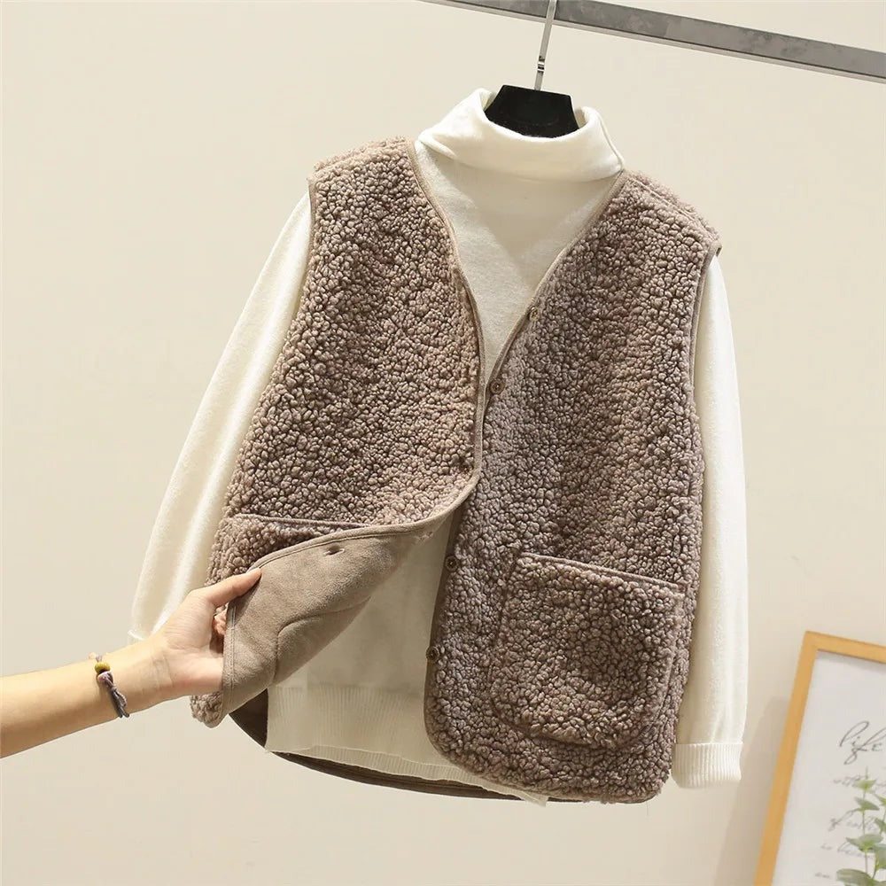 Women's Teddy Gilet with Button Placket and Side Pockets - Khaki