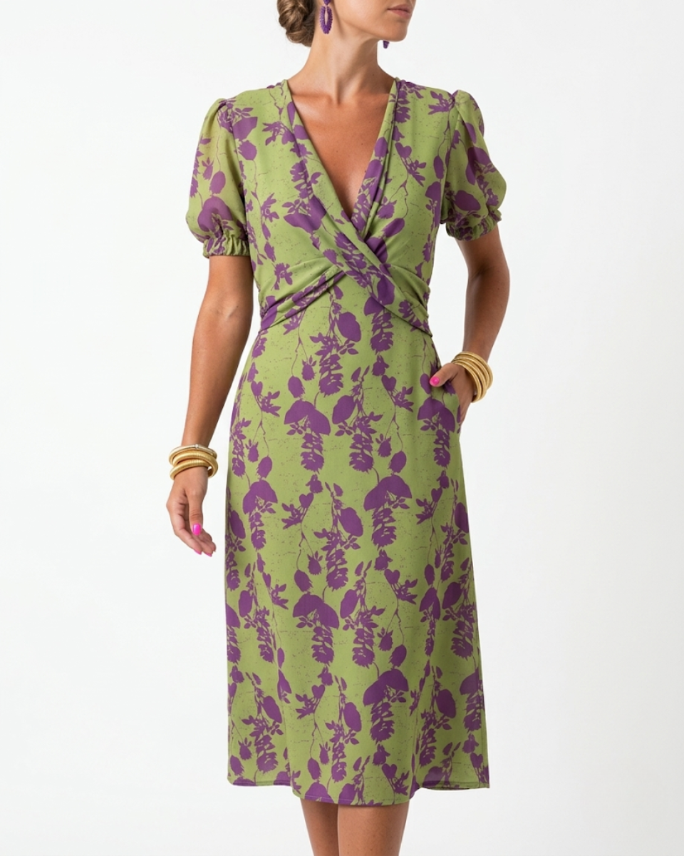 Women's Floral Twist Front Puff Sleeve Midi Dress - photo 1