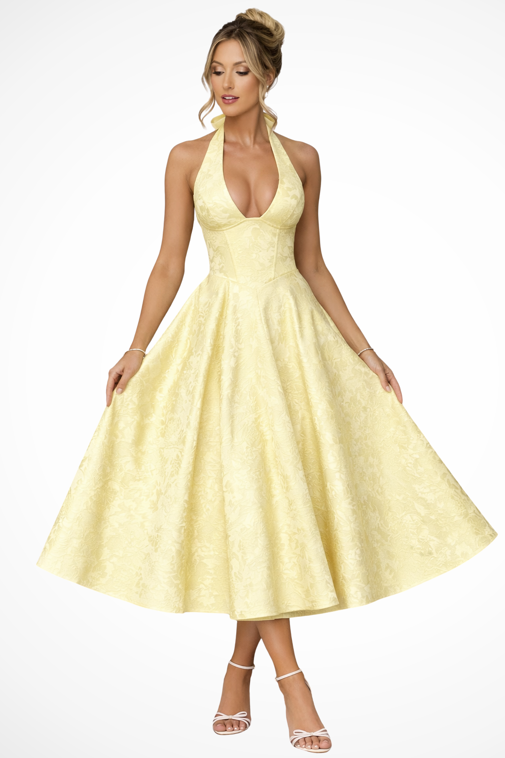 Women's Halter Neck Wedding Guest Midi Dress with Flattering Drape - photo 3