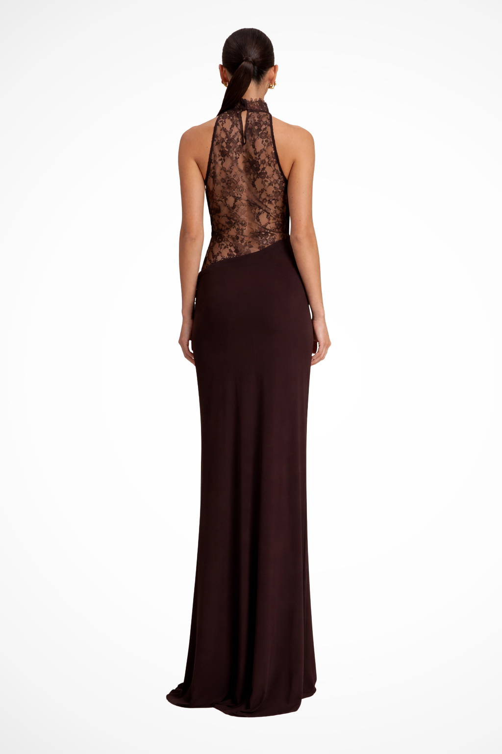 Abito lungo in pizzo da donna con scollo all’americana, ideale per invitate a matrimoni