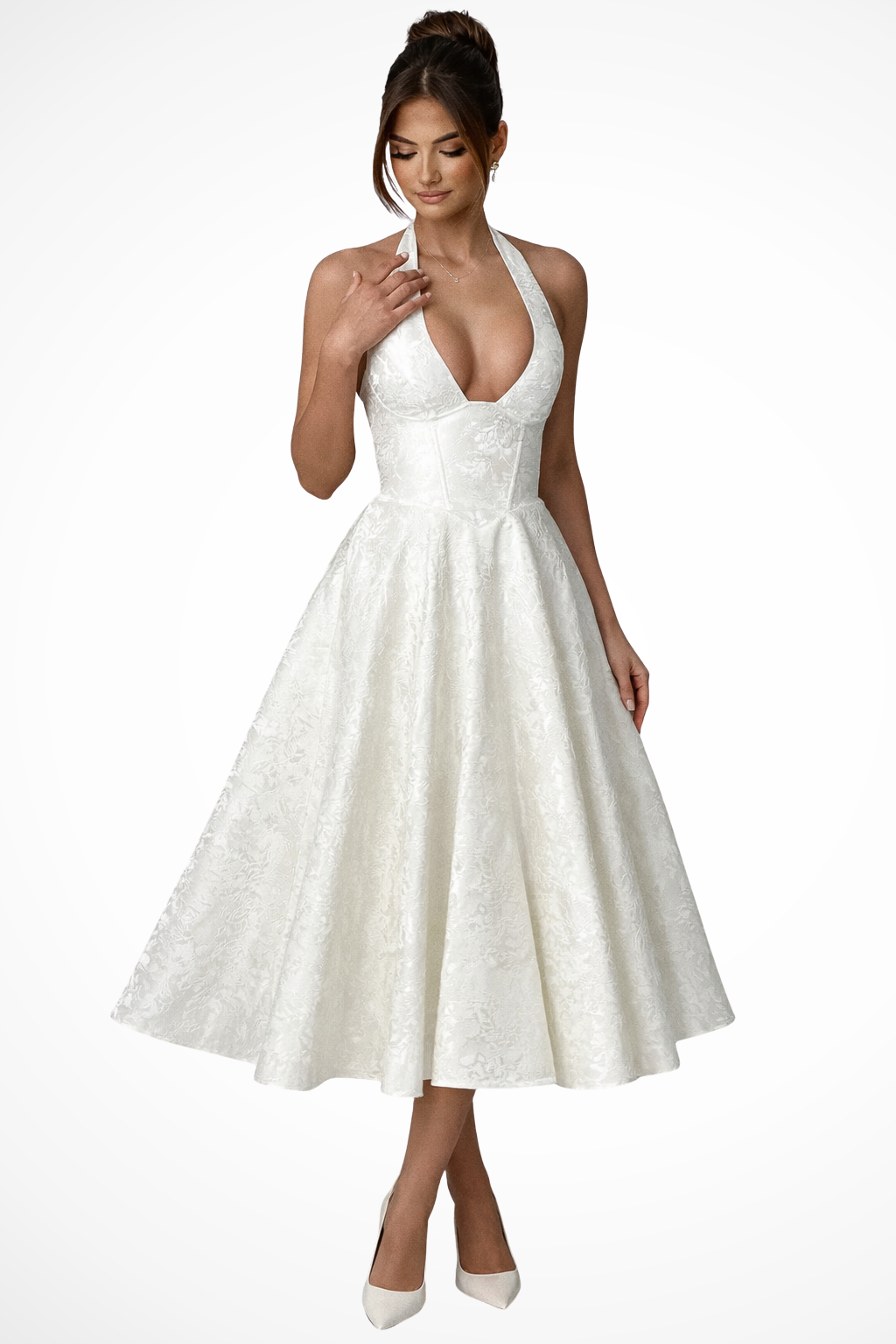 Women's Halter Neck Wedding Guest Midi Dress with Flattering Drape - photo 7