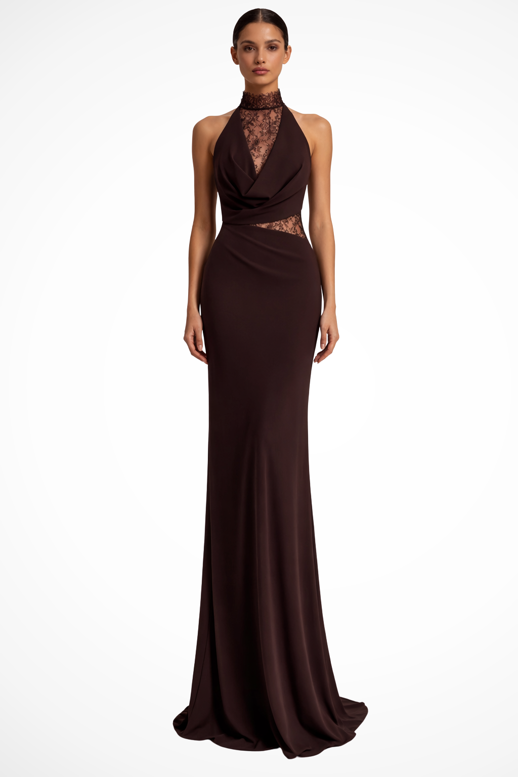 Abito lungo in pizzo da donna con scollo all’americana, ideale per invitate a matrimoni