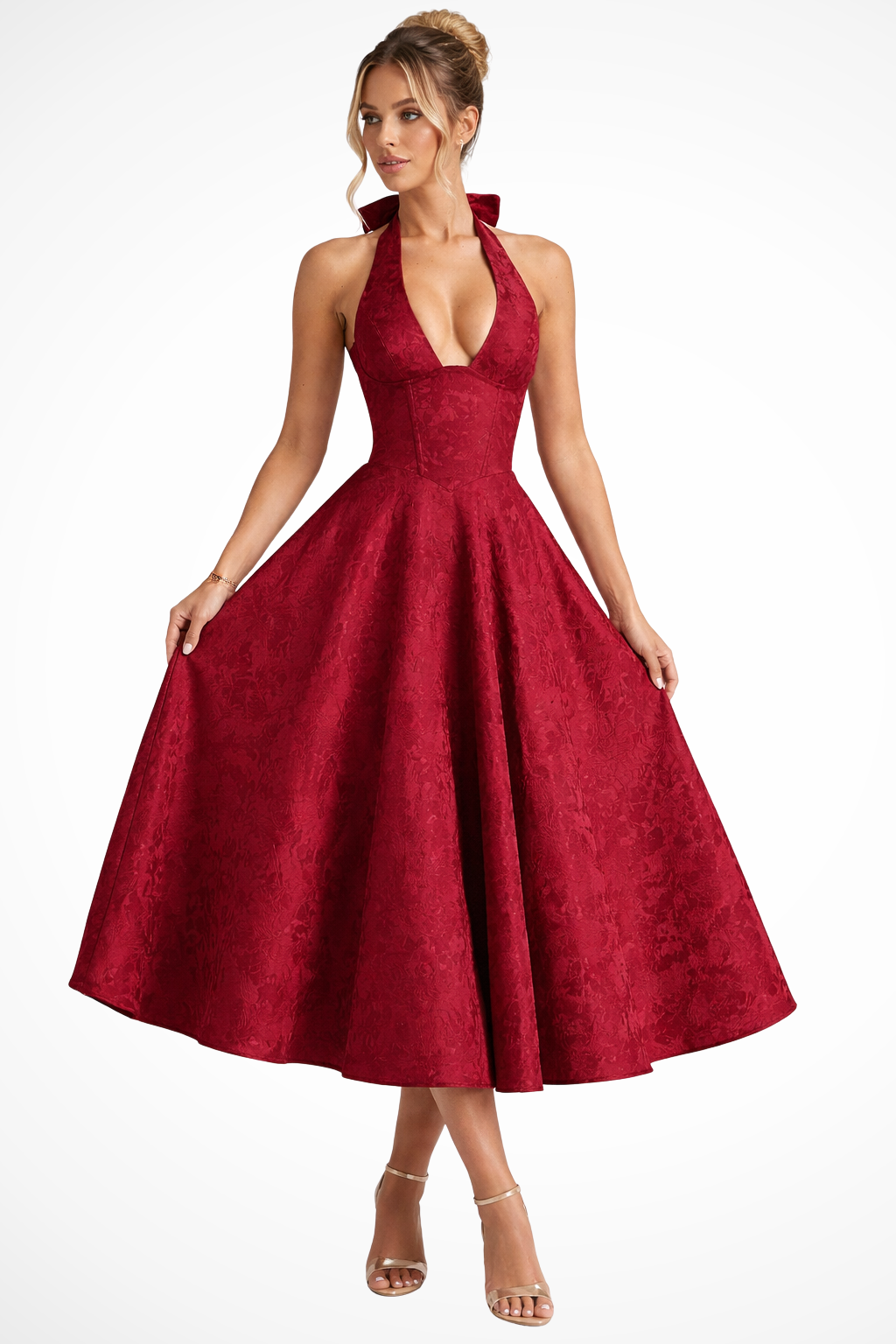 Women's Halter Neck Wedding Guest Midi Dress with Flattering Drape - photo 6