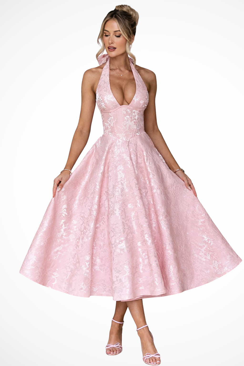 Women's Halter Neck Wedding Guest Midi Dress with Flattering Drape - photo 1