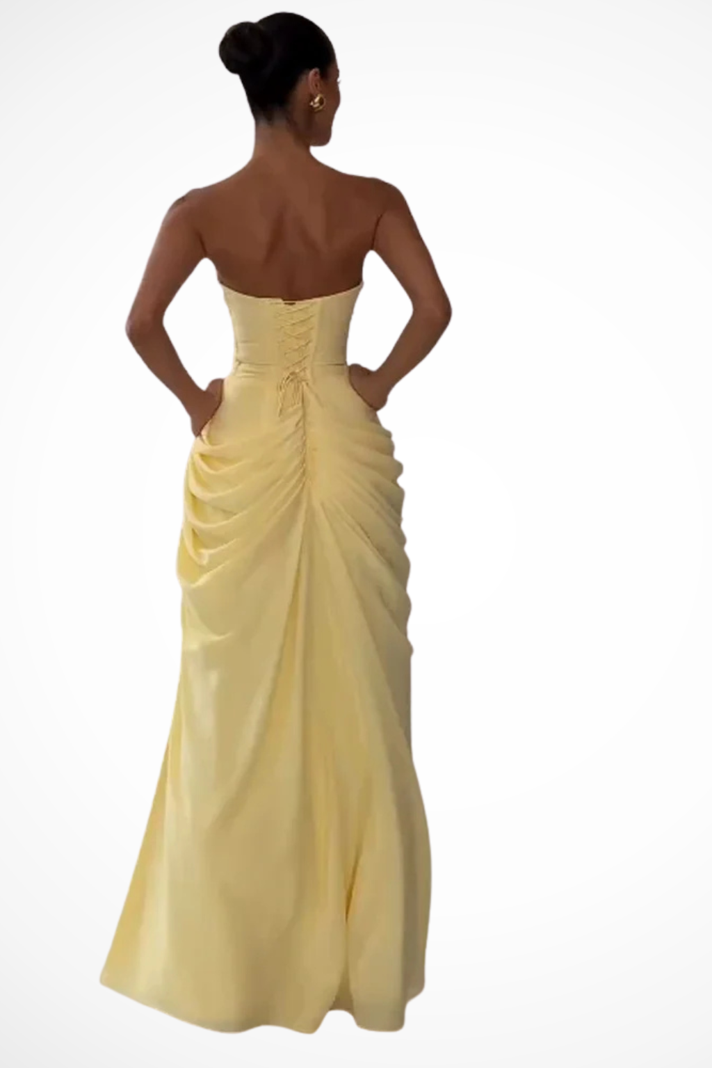 Rochie maxi elegantă fără bretele, încrețită, cu crăpătură