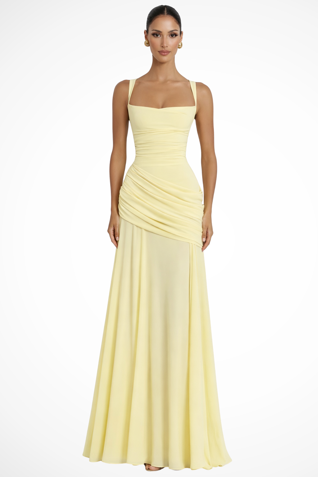 Women's Square Neck Ruched Evening Maxi Dress