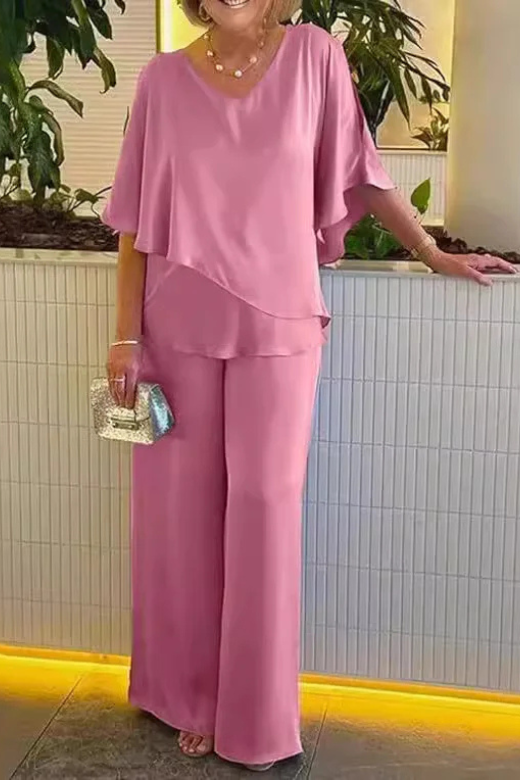 Women's V Neck Wide Leg Two Piece Trouser Suit - photo 2