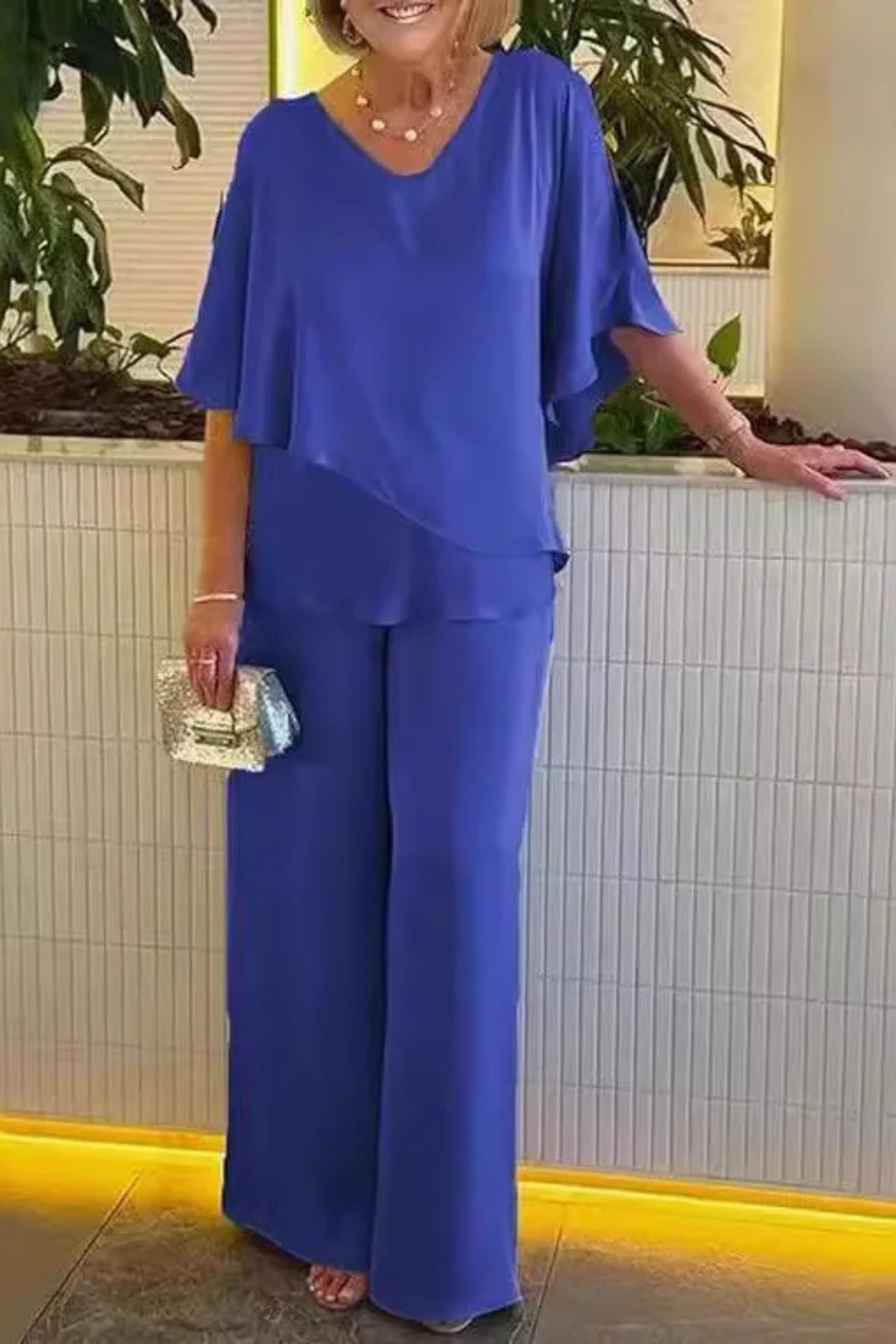 Women's V Neck Wide Leg Two Piece Trouser Suit - photo 4