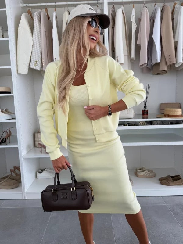 Women's Long Sleeve Cardigan and Midi Dress Two-Piece Set