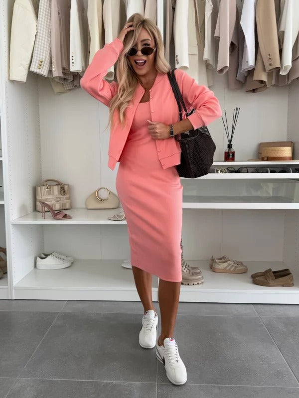 Women's Long Sleeve Cardigan and Midi Dress Two-Piece Set