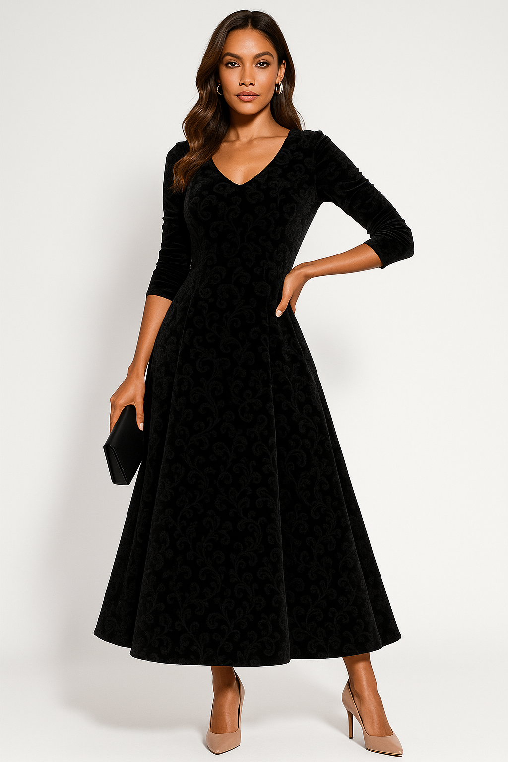 Women’s Velvet Floral Embossed A-Line Midi Dress - photo 2