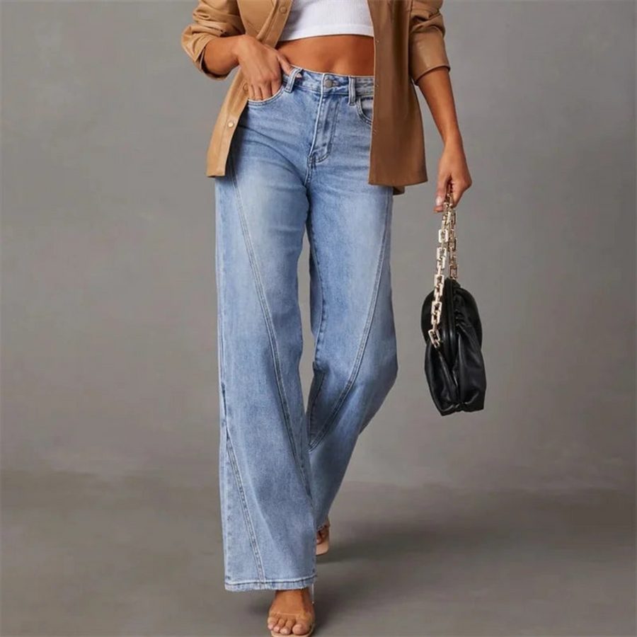 Jeans in denim a vita alta e gamba larga da donna