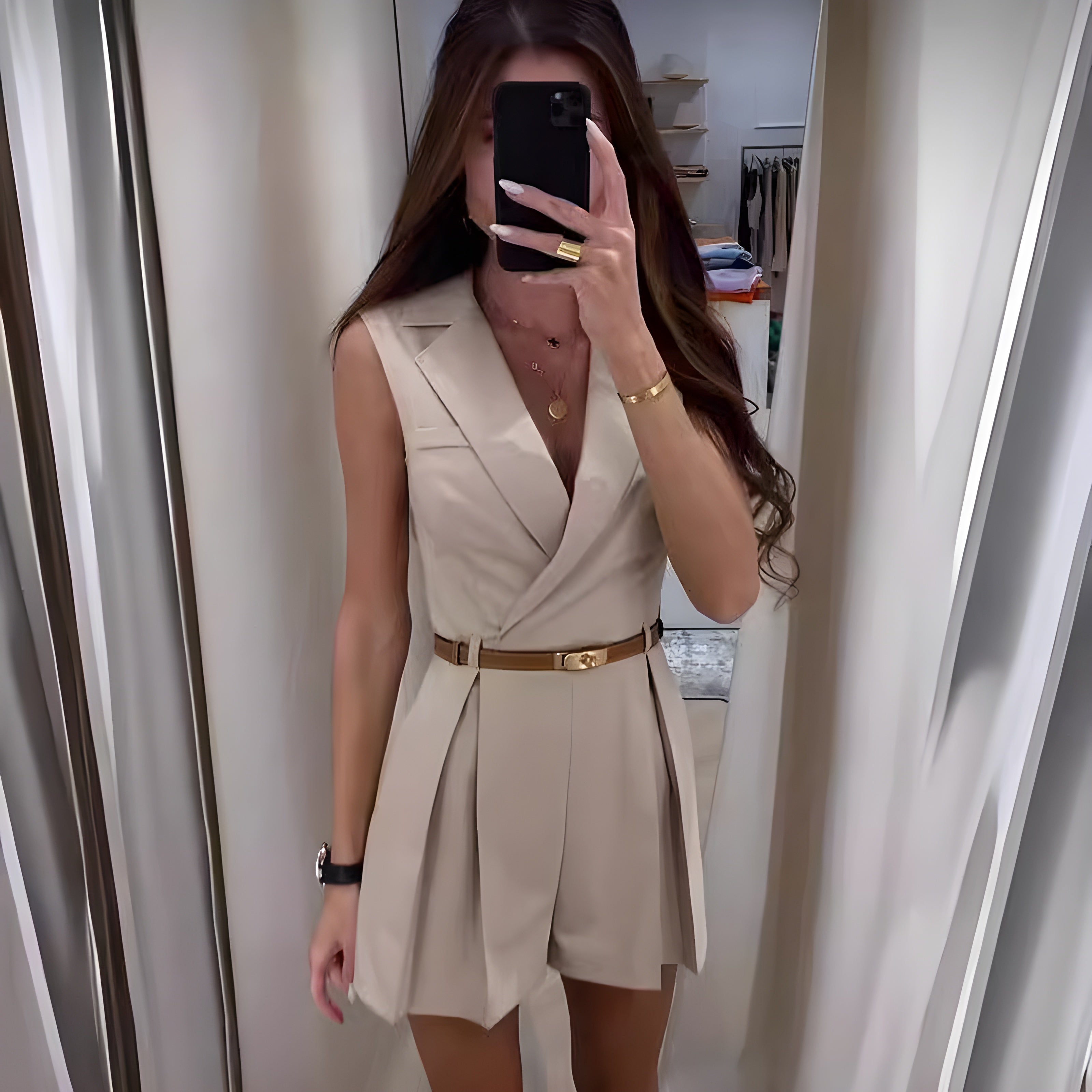 Women's Sleeveless Blazer Romper with Slim Belt - photo 2