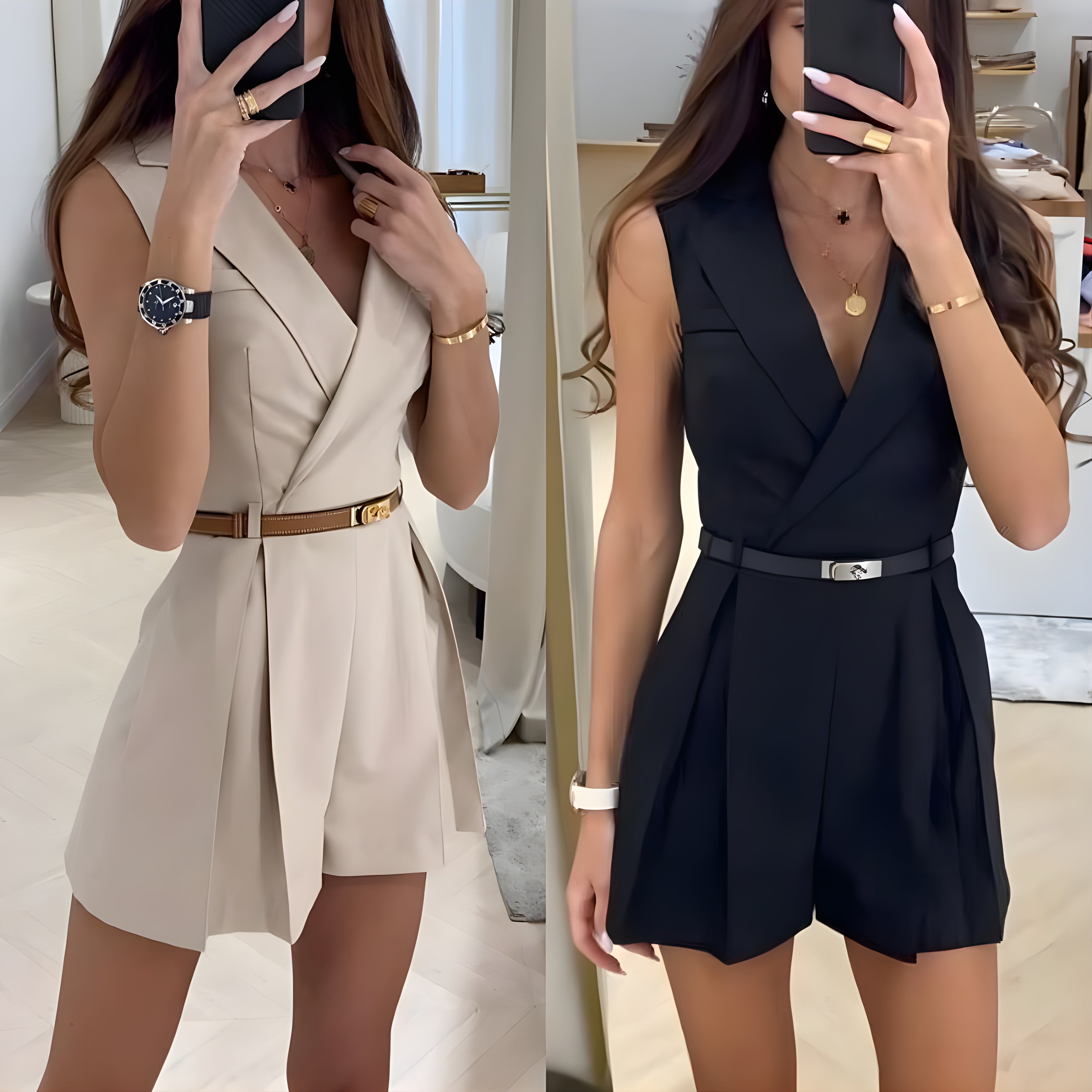 Women's Sleeveless Blazer Romper with Slim Belt - photo 4