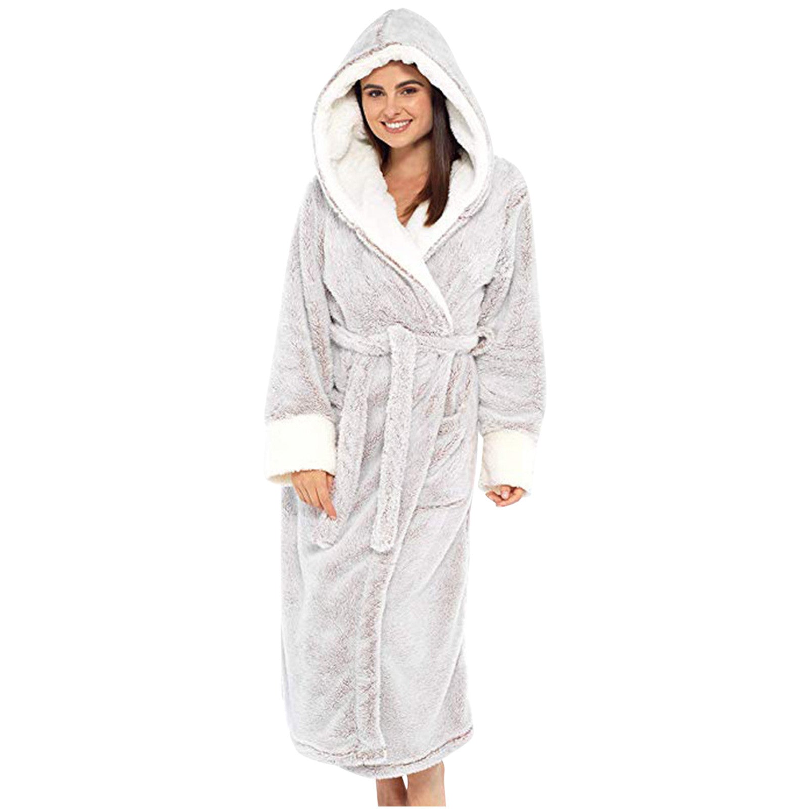Women's Fleece Hooded Bathrobe with Tie Belt