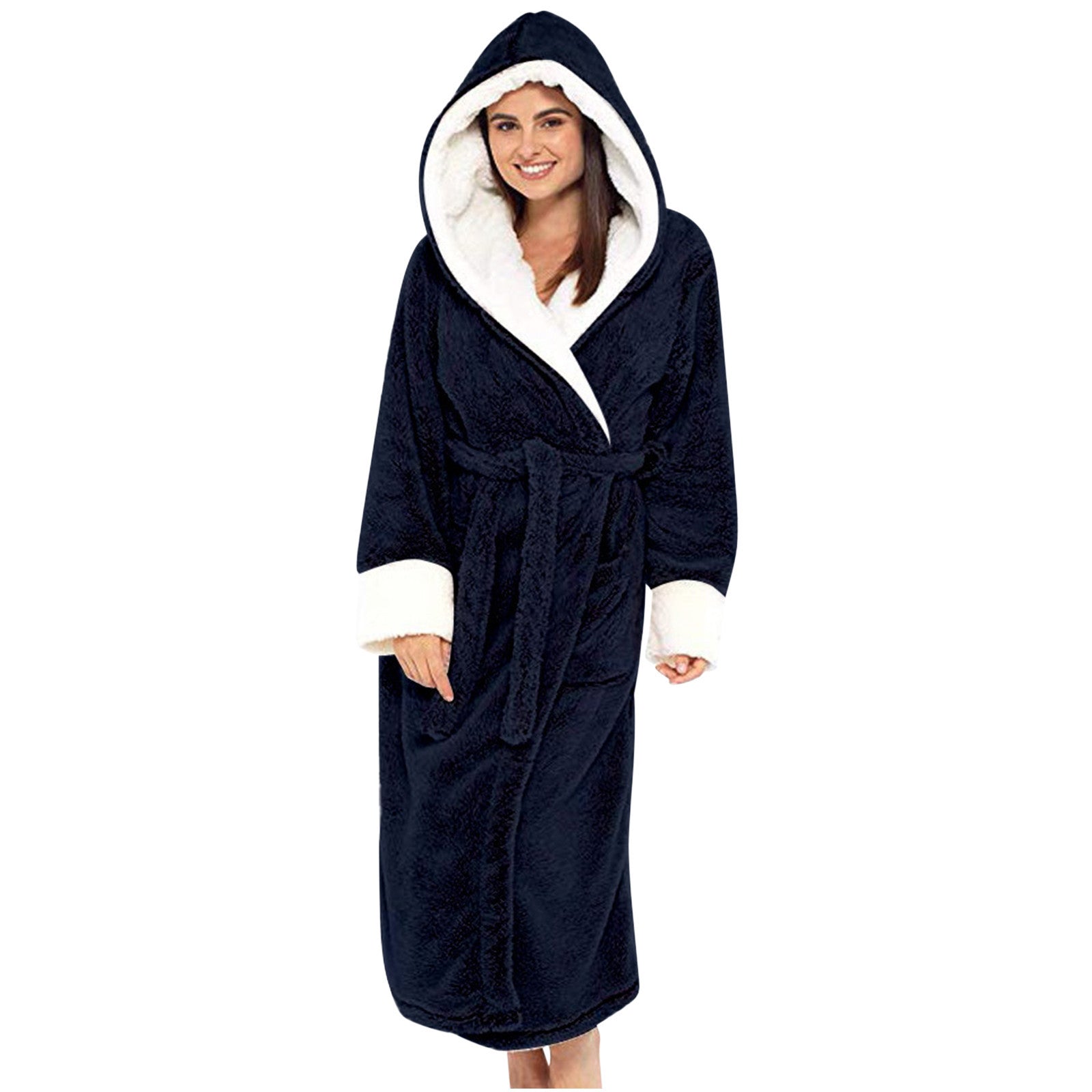 Women's Fleece Hooded Bathrobe with Tie Belt